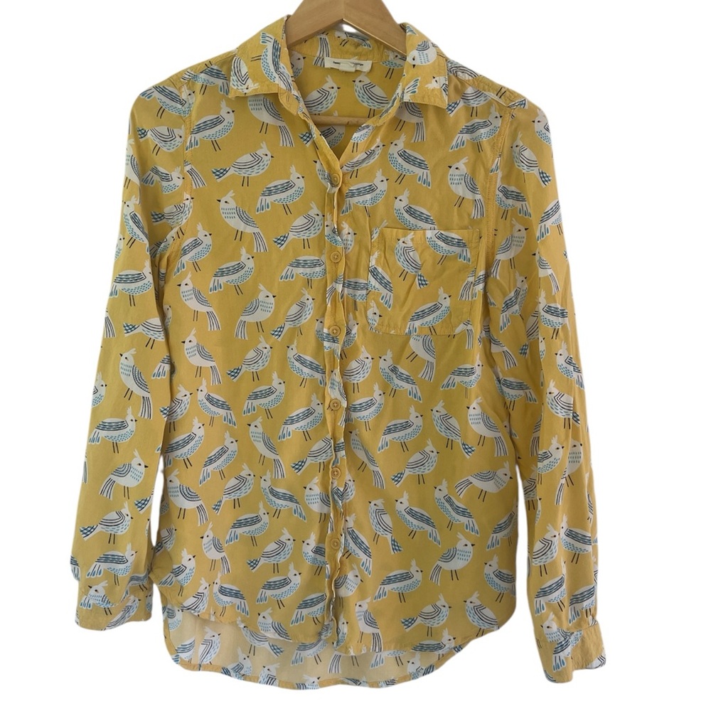 Beachlunchlounge Yellow Bird Pattern Lighweight  Button Up LS shirt Sz small